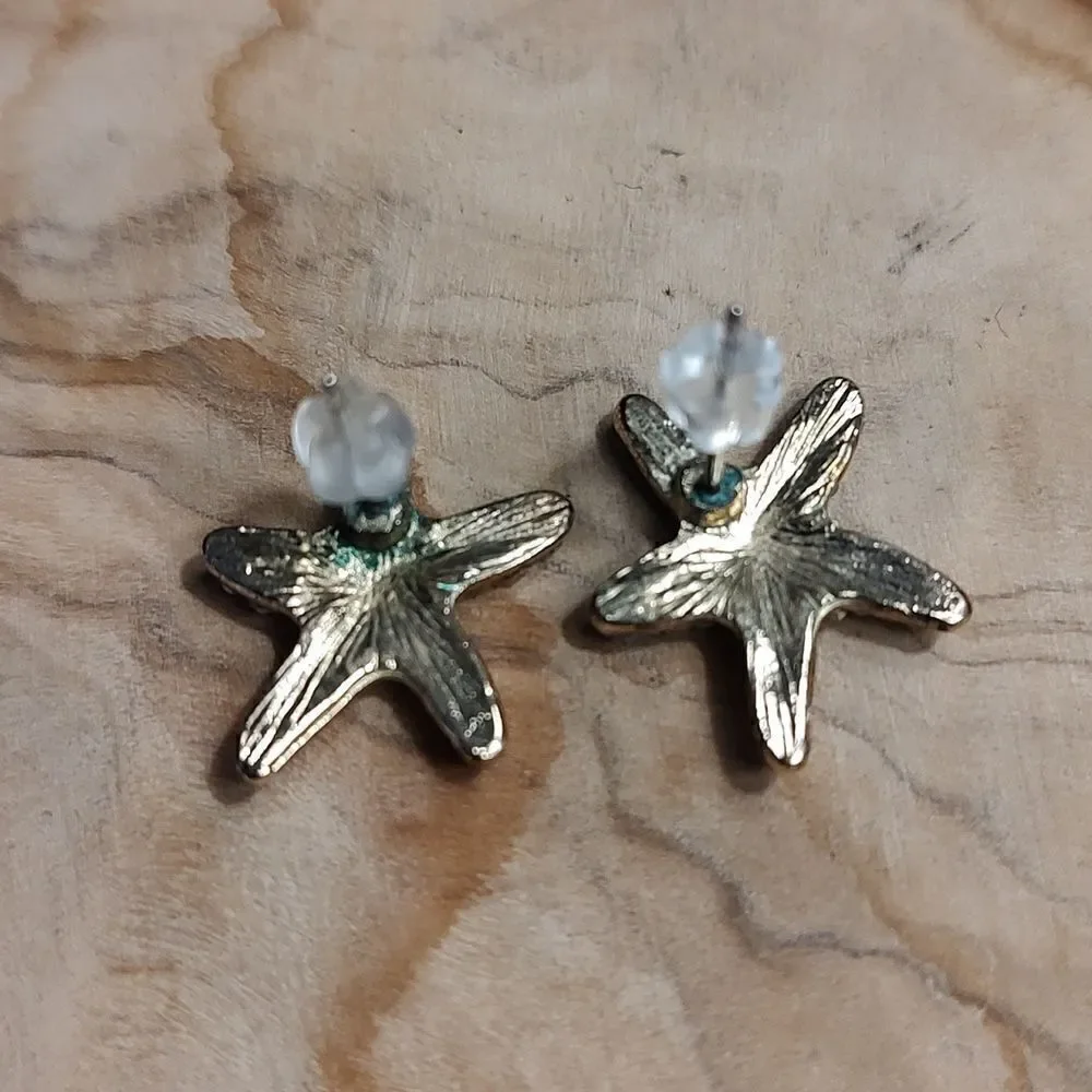 Gold Tone Rhinestone Sparkle Sea Star Pierced Earrings